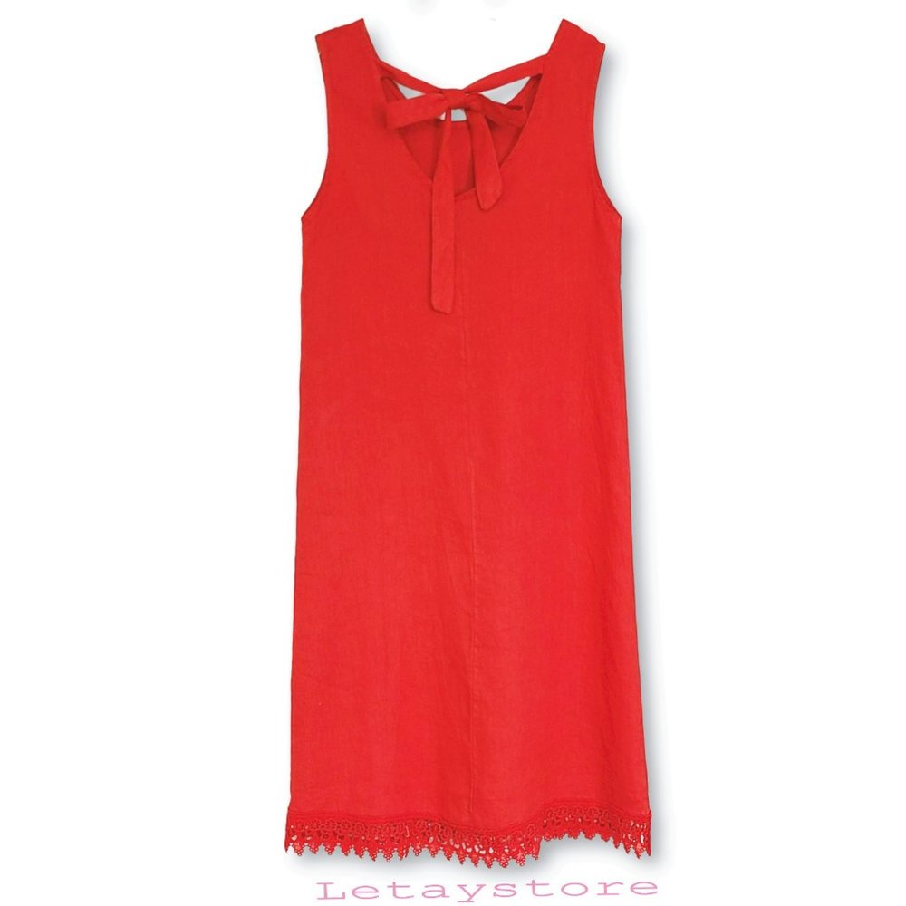NWT Rosemarine Made In Italy Linen Crochet Hem Bow Tie Back Midi Dress - Picture 4 of 8